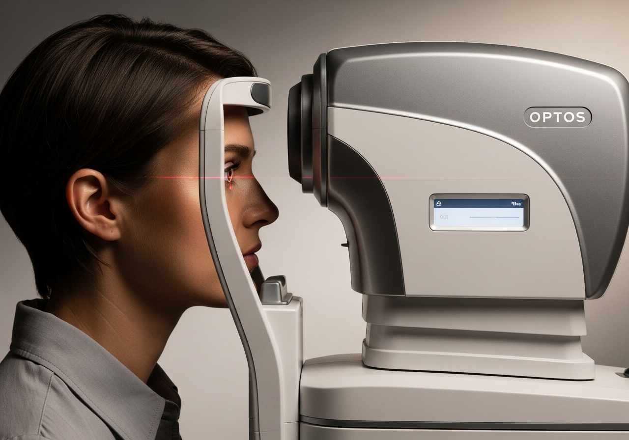 Patient receiving OPTOS ultra-widefield retinal imaging at Ojitos Optometry — optometrist in Bakersfield CA 93313